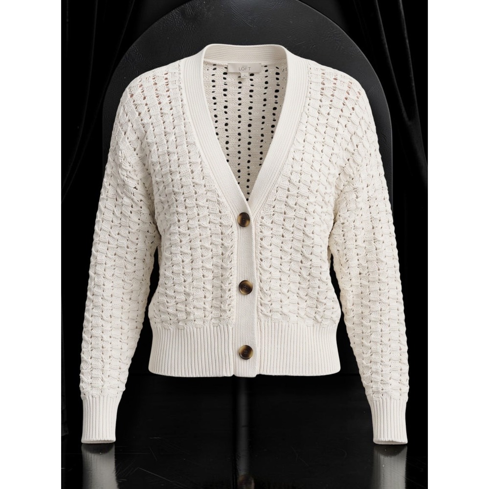 LOFT Outlet Open Knit Basketweave Button Front Cardigan Sweater Cream Medium